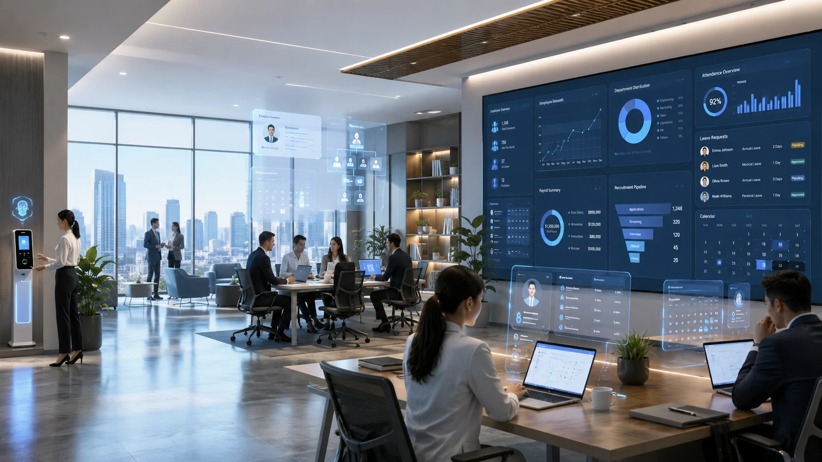 HR team reviewing the Pagoda HRMS dashboard in a modern office