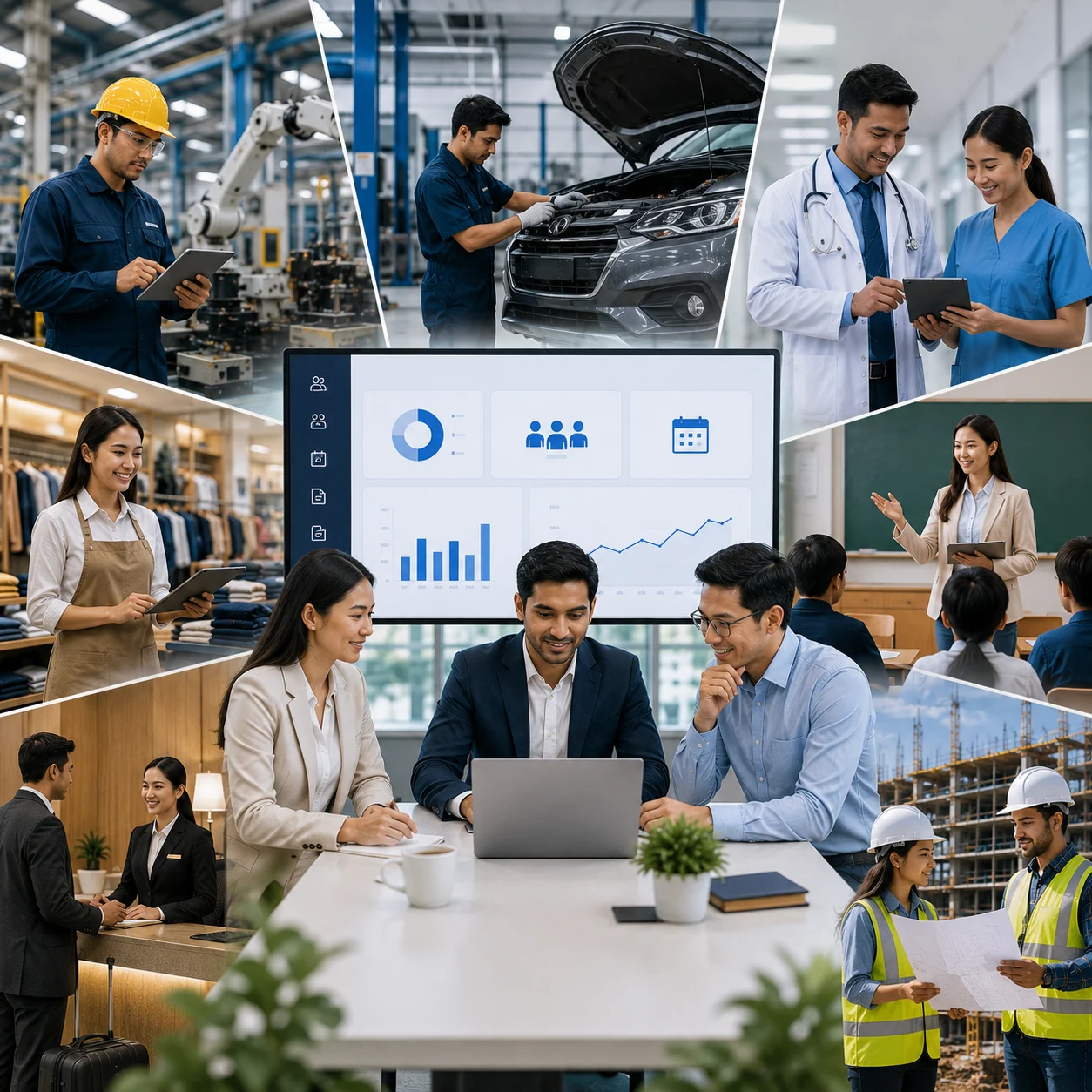 Collage of professionals across manufacturing, retail, healthcare, and hospitality