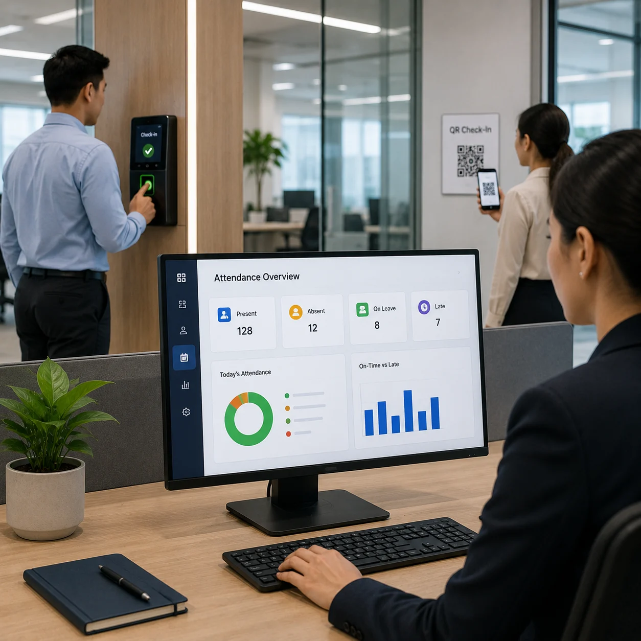 Employees checking in at a biometric attendance kiosk